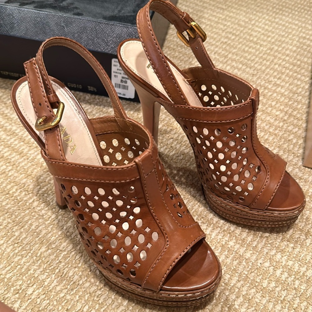PRADA  5 1/2” platform sling back brown shoe. Super comfy